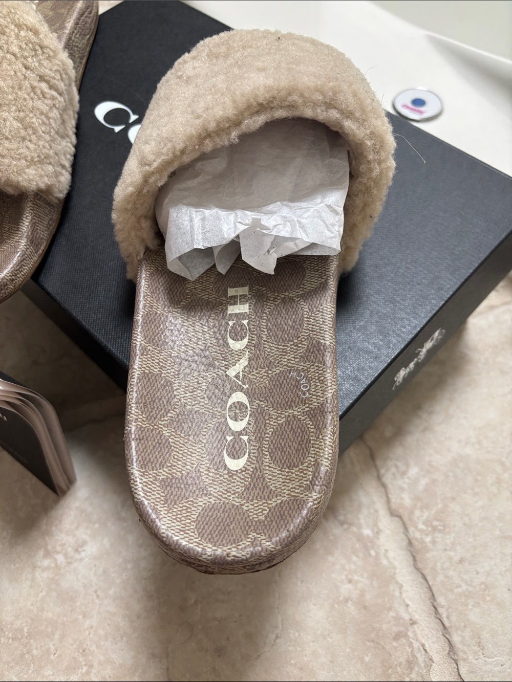 COACH Women's Tan Shearling Slide Sandals - Picture 2 of 4